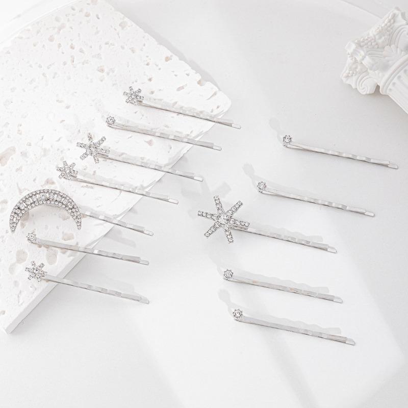 Alloy electroplating one-word clip jewelry, moon headdress, niche snowflake stacked hairpin set, women