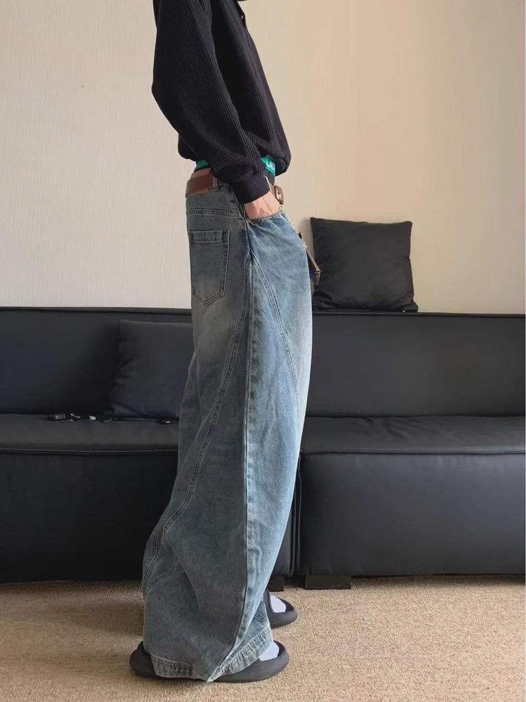 Men's American Retro Washed Loose Straight Wide-Leg Jeans