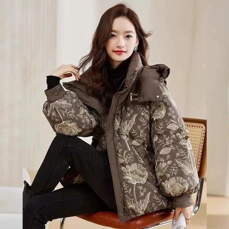 Winter Womens Jacket Clothing 2026 New Down Cotton Coat Hooded Loose Parkas Long Print Padded Coats Female Thicken Outerwear