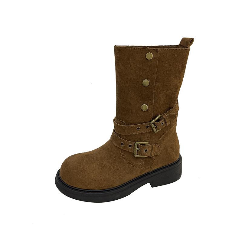 2025 New French Retro Versatile Round Head Thick Heel Western Boots for Women Wear Folded Matte Leather Medium Tube Martin Boots