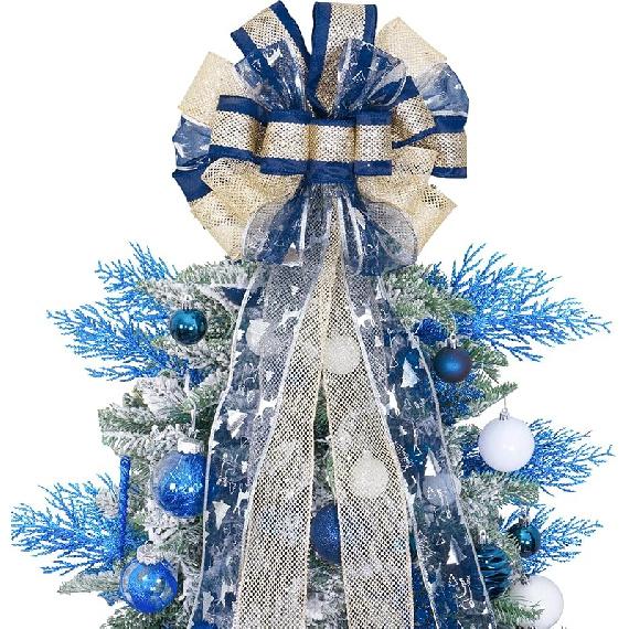 Christmas Tree Topper, 32x12 Inches Large Toppers Bow with Glitter Satin Mesh Streamer, Pink Christmas Tree Topper for Christmas Home Decoration