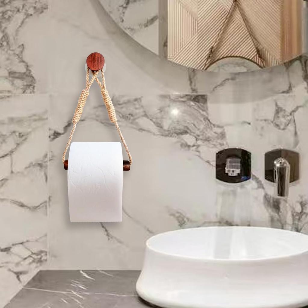 Boho Paper Towel Holder Unique Wood Towel Rack Hanging Toilet Paper Holder Suitable for Kitchen, Bathroom Accessories, Self Adhesive or Drill