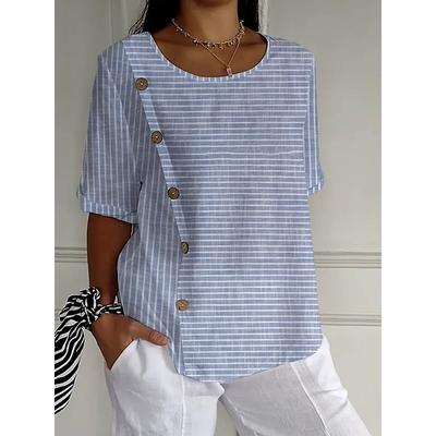 Striped Button Casual Short Sleeved Top with Temperament Women’s Blouses & Shirts
