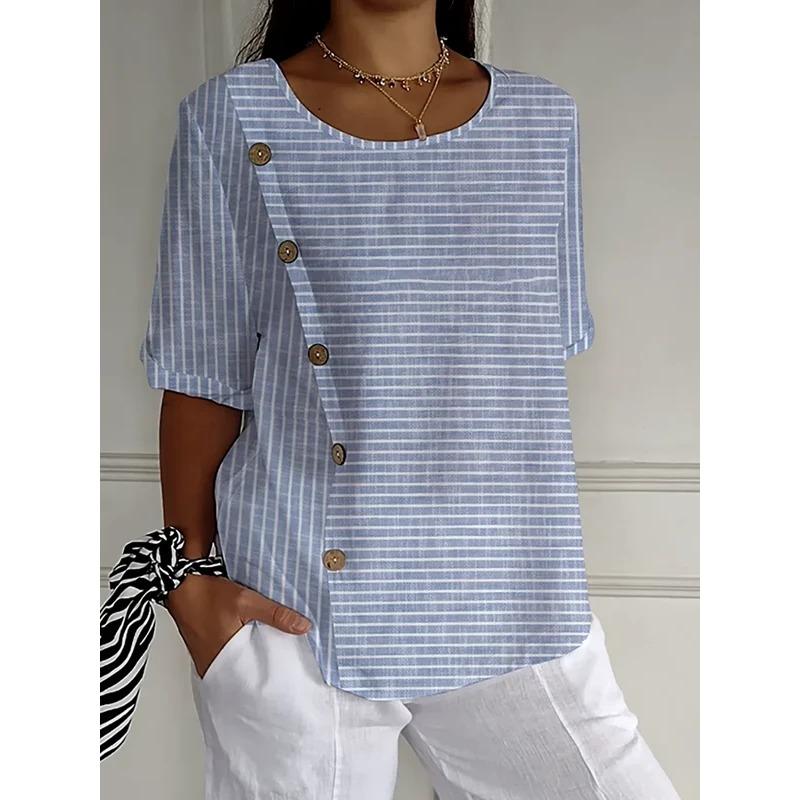 

Striped Button Casual Short Sleeved Top with Temperament Women’s Blouses & Shirts 3XL