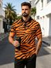 Heren Zwart revers Oranje en Zwart All-Over Geprint Tijgerstreep Korte Mouw Polo Shirt, Wild Dier Print Opvallend Ademend Casual Top,