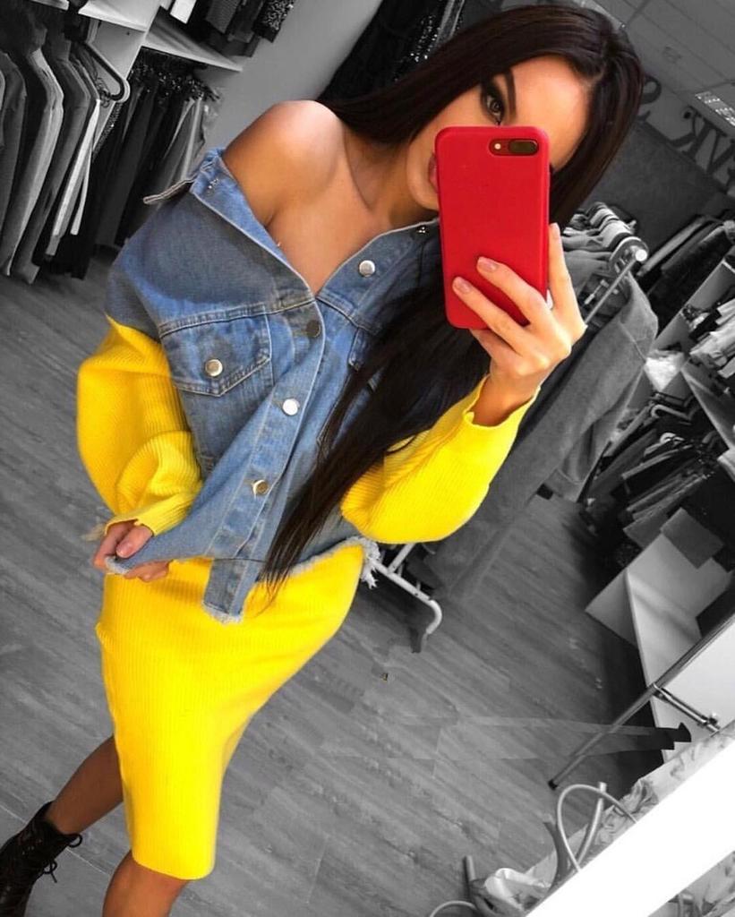 Women Denim Patchwork Jacket Two Piece Sets Knitting Skirt Casual Single Breasted Knitted Sleeve Coat Sweater Skirt