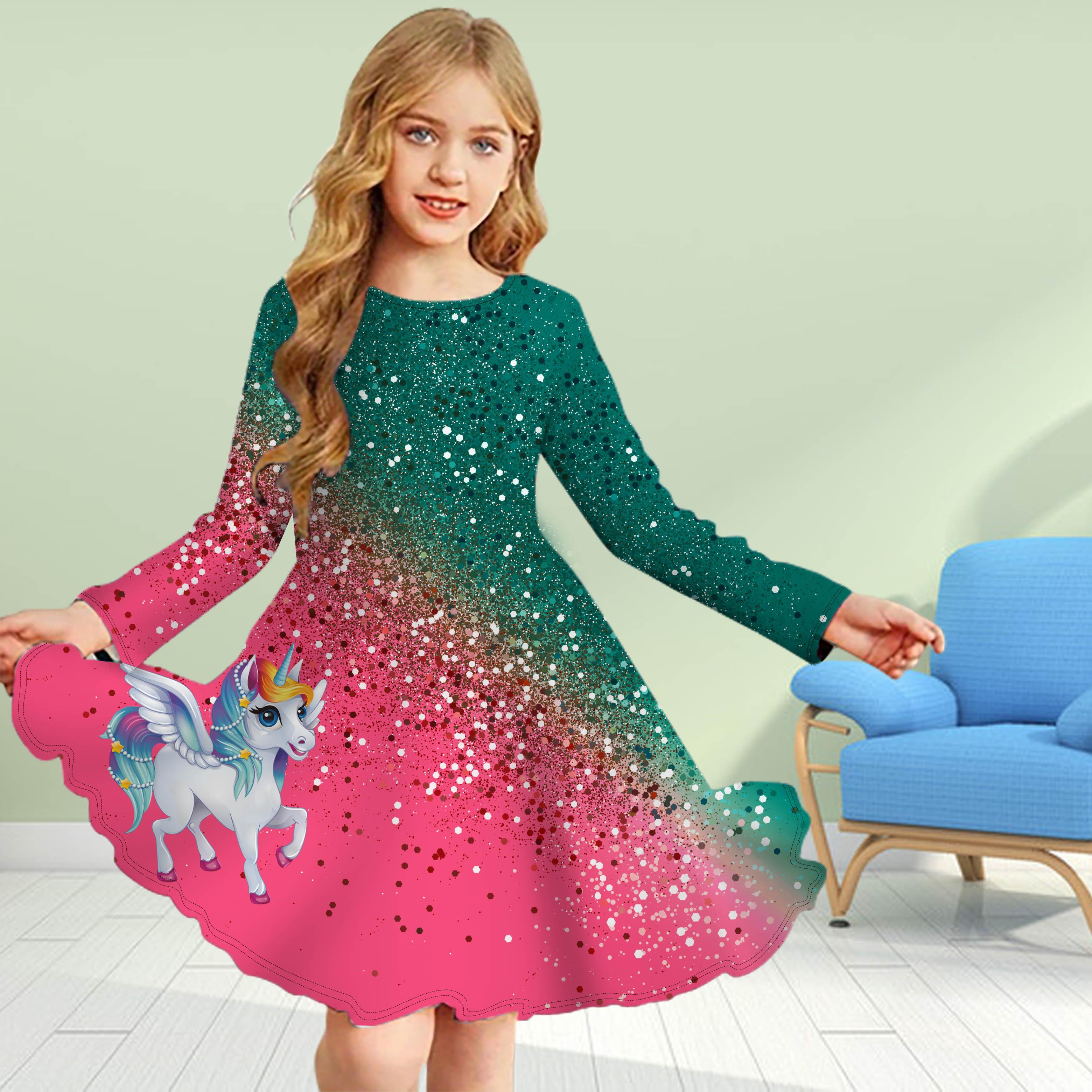 

Повседневное платье для девочек с 3D-принтом и сияющим единорогом, с круглым вырезом и длинными рукавами, детское платье принцессы 120 розовый