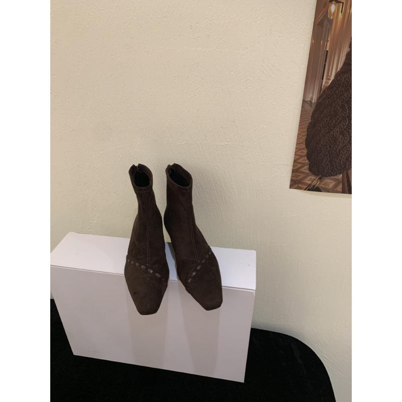 French Niche Weaving Design Wedge Heel Thin Boots Women's Autumn and Winter Temperament Versatile Suede Rear Zipper Bare Boots