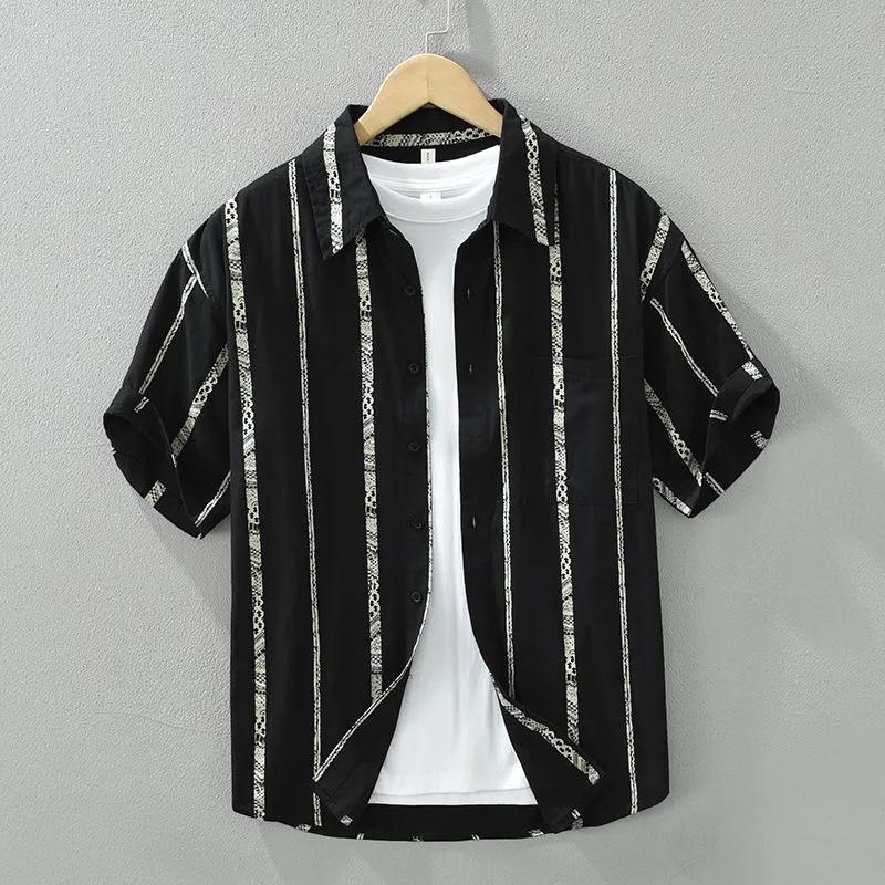 Men's Spring and Summer Fresh Striped Short Sleeved Shirt, Casual Artistic Loose Top