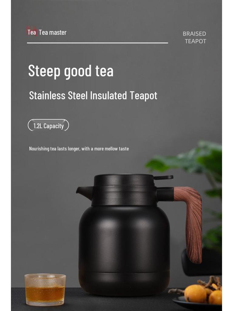 Large Capacity 304 Stainless Steel Insulated Teapot with Wood Grain Handle for Home and Office.