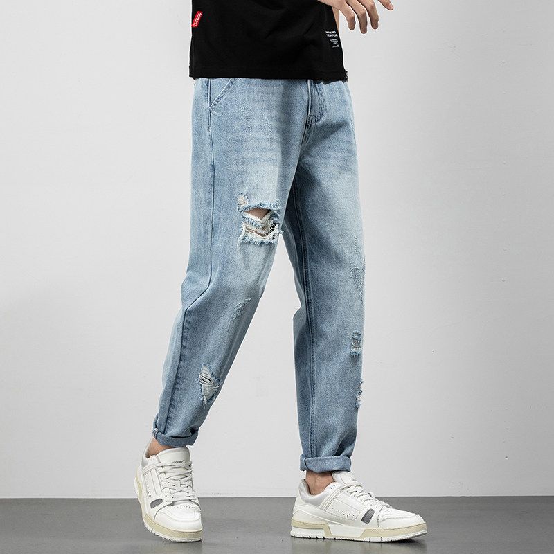 Men s Summer Thin Ripped and Distressed Jeans, Trendy Brand Loose Straight-Leg Pants, Versatile Harem Cropped Pants Blue 30