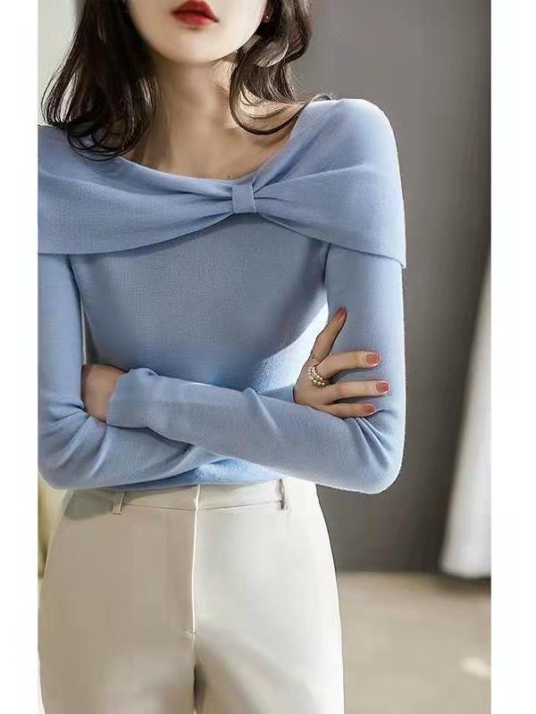 "2024 Autumn Women's Elegant French Bowknot Off-Shoulder Sweater"