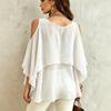 Women's Fashion Casual Mid Length Round Neck Lightweight Chiffon Blouse Cape Layered Design Cold Shoulder Top for Daily Wear