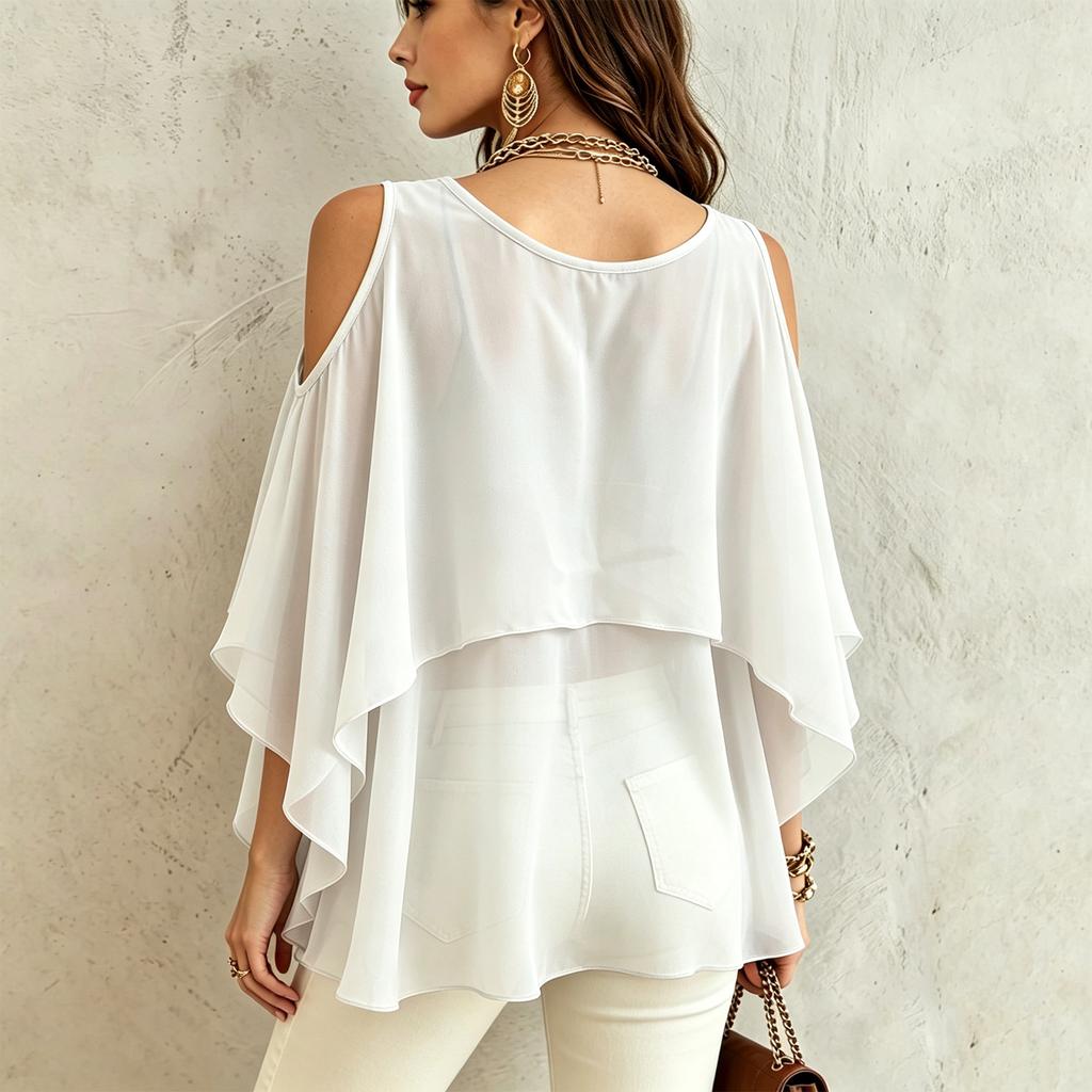 Women's Fashion Casual Mid Length Round Neck Lightweight Chiffon Blouse Cape Layered Design Cold Shoulder Top for Daily Wear