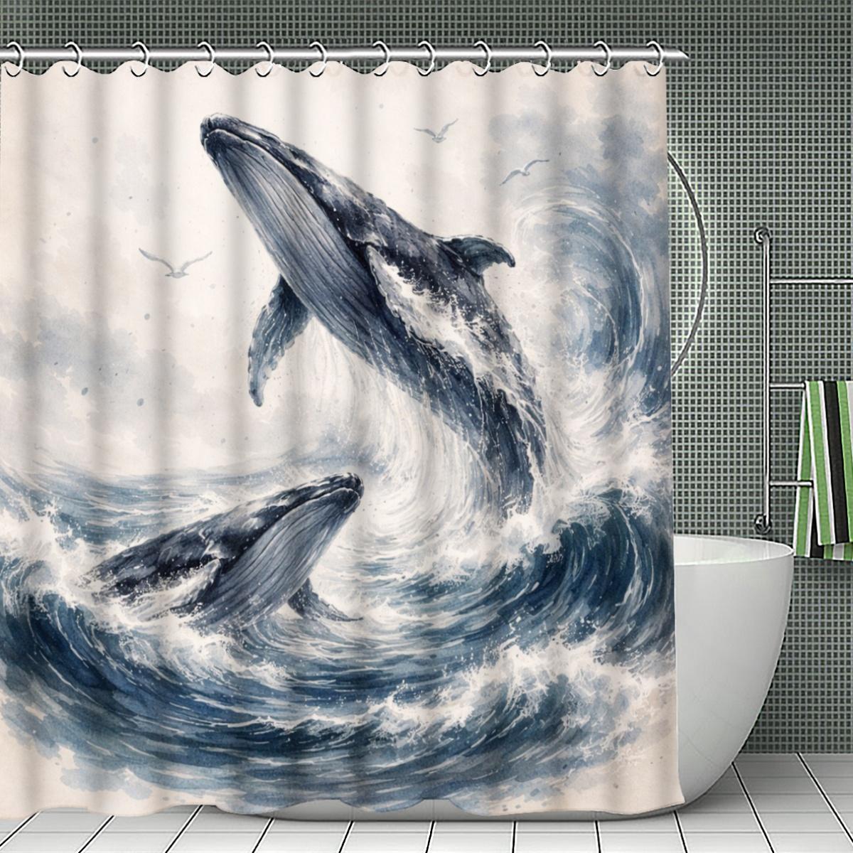 

Watercolor Double Whale Breaching Illustration Shower Curtain 1Pc With 12 Hooks For Bathroom Home Decor Polyester 70.8X70.8 Inch W60H190(CM)-1 Pcs