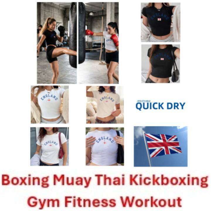 Women Crop Tank Tee T-Shirt UK England British Britain United Kingdom MMA Boxing Muay Thai Short Sleeve National Flag Print Training Fitness Workout