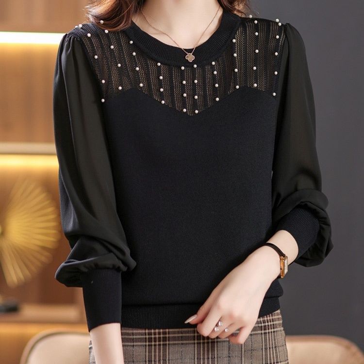Pullover Spring and Summer Women 2023 New Chiffon Spliced Knitwear Women Loose and High Grade Long Sleeve Pullover Female Top