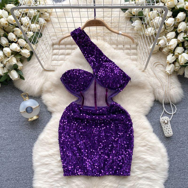 

Accessible Luxury Socialite Style Diagonal Collar Mesh Sequins Dress Purple XL