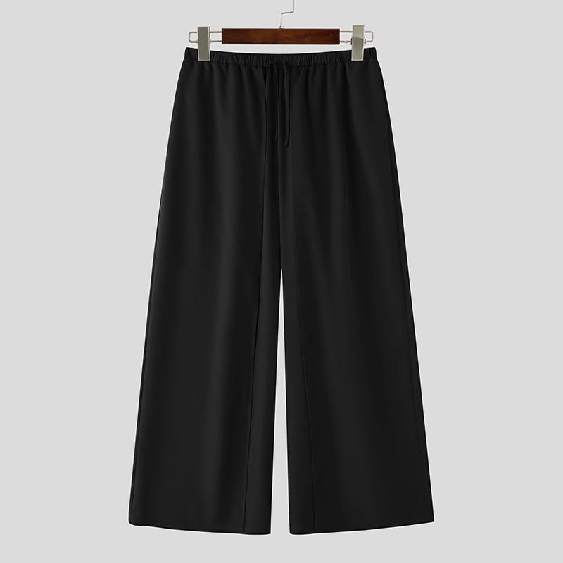 INCERUN Men Drawstring Elastic Waist Casual Long Wide Legs Pants Trousers