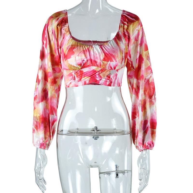 Summer Women's Sexy U Neck Wrap Printed Lantern Sleeve Neckless Pullover Stretchy Loose Top