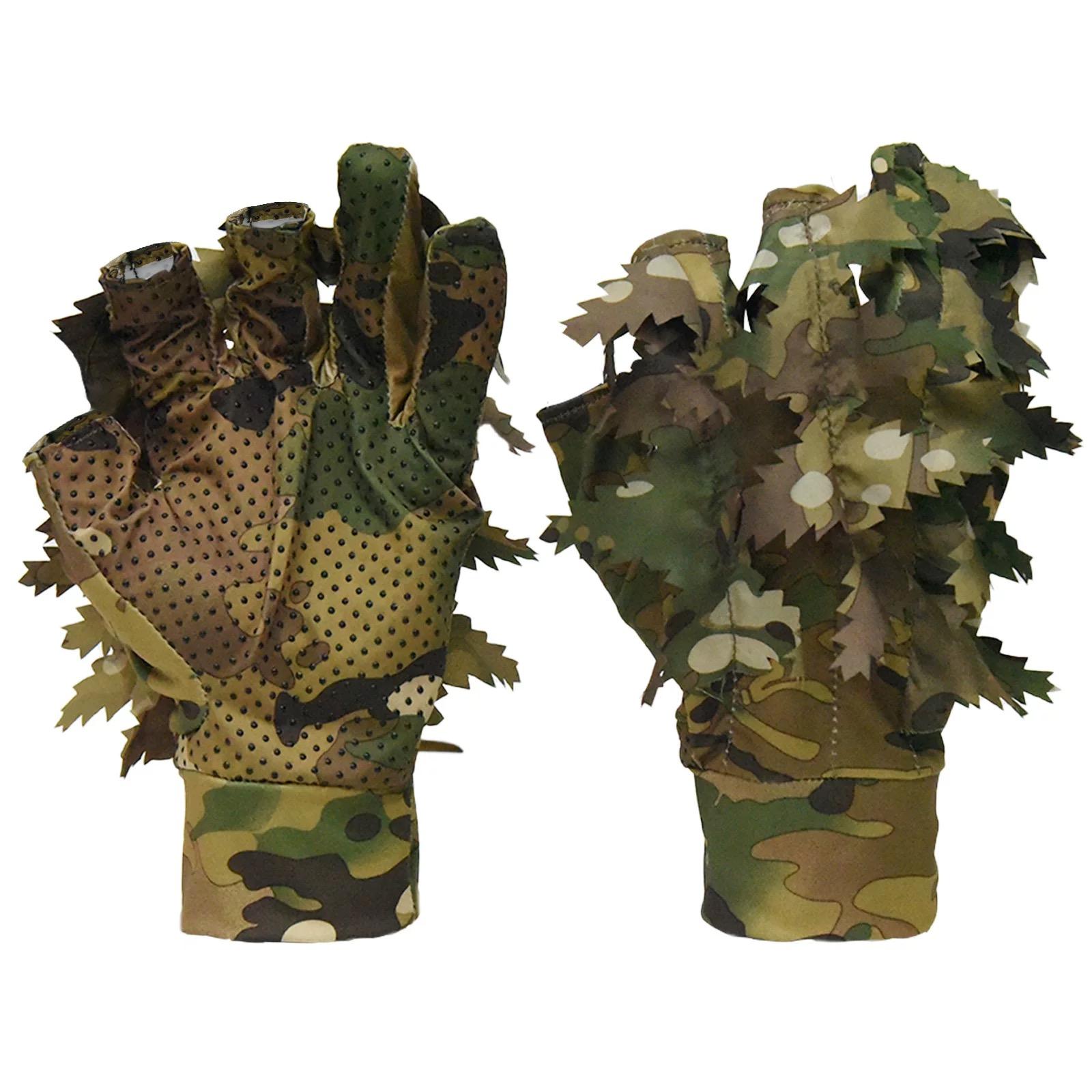 Outdoor Tactical Gloves 3D Bionic Leafy Camouflage Quick-dry Ice Silk Elastic Half Finger Gloves CS Cosplay Props One Size
