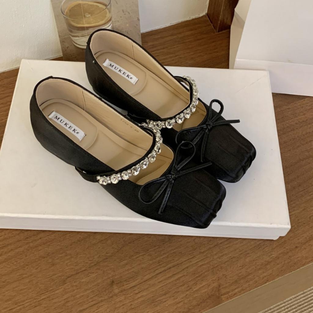 French Gentle Bow Inner Heightening Soft-soled Single Shoes 2025 New Rhinestone Fairy Square Head Ballet Mary Jane Shoes