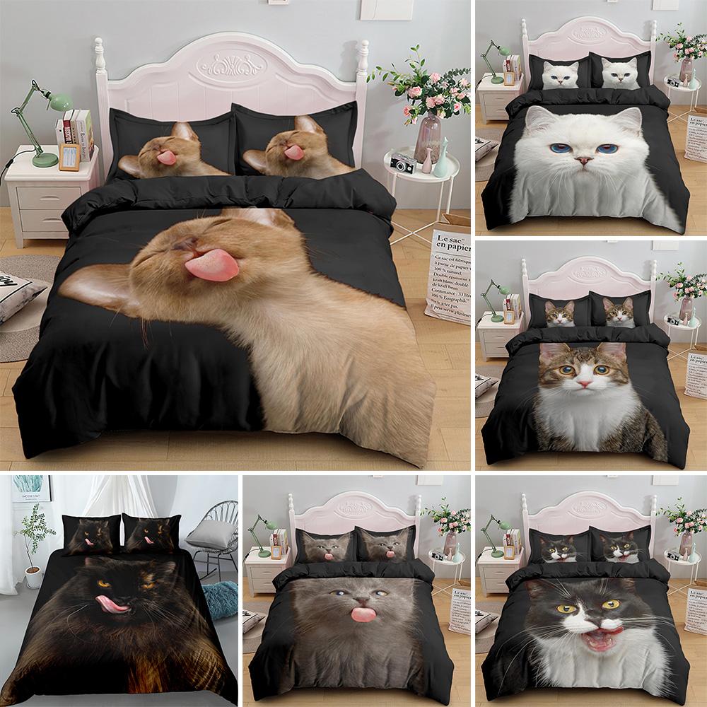 Funny Cute Cat King Queen Bedding Set Full Size For Adult Kids Bed Covers Animal Duvet Cover Sets With Pillowcase 2/3pcs