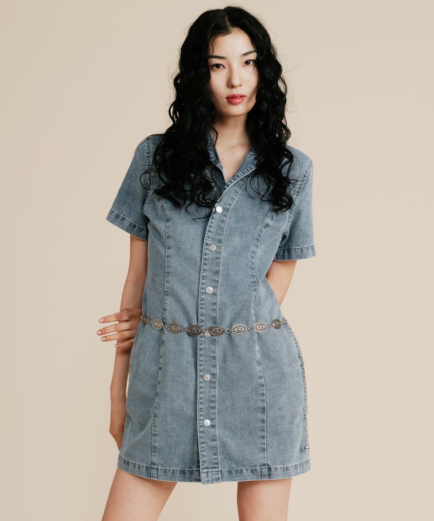 Plack Woman Short Sleeve Denim Dress_2 Colors