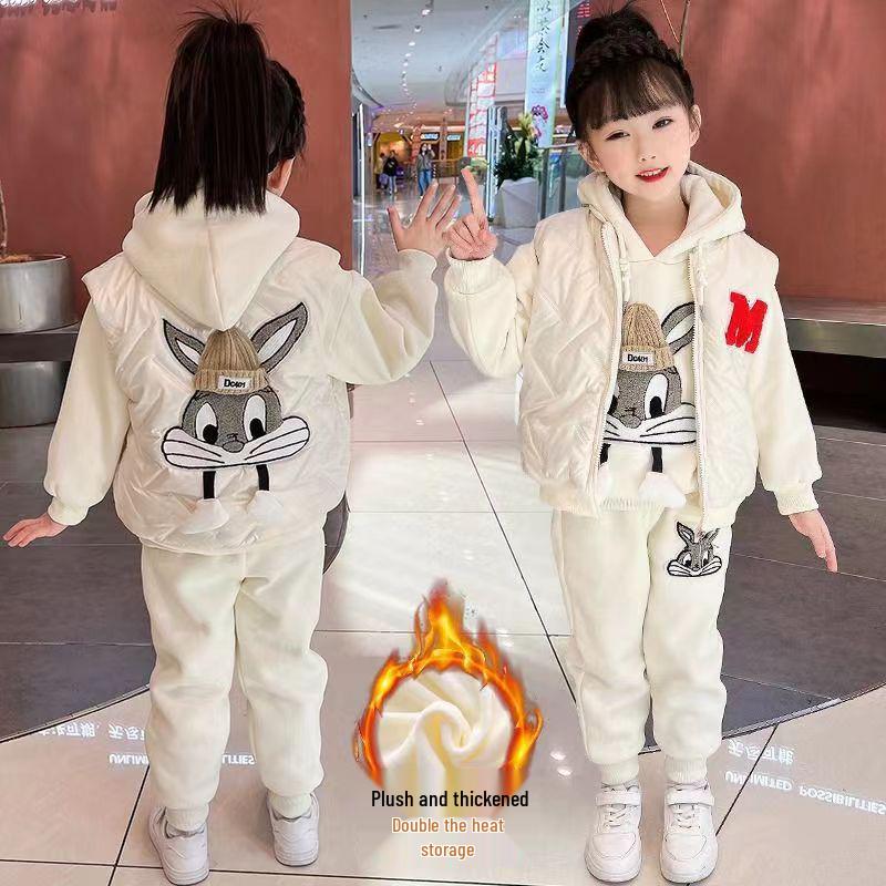 2025 Girls' Autumn/Winter Hoodie Set: Fleece-Lined Vest & Thickened Small Fragrance Style for Medium/Large Children