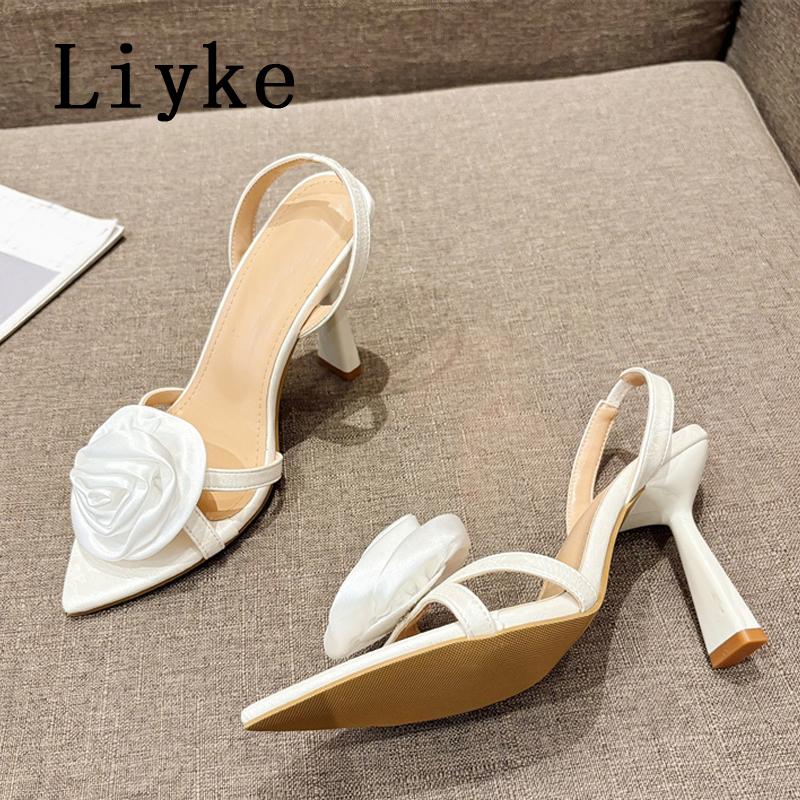 Fashion Liyke Sexy Slingback Sandals Women Summer Fashion Rose Flowers Pointed Open Toe Back Strap High Heels Party Dress Shoes Size 41