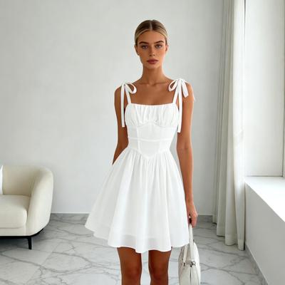 White French Lace-up Suspender Dress for Women's Summer New Waist Square Collar Short A-shaped Skirt with Elegant Temperament