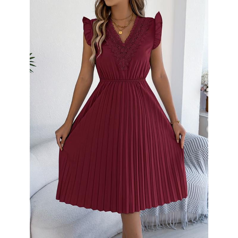 Abito Gonna Casual in Pizzo Scollo a V Vita Pieghettata Stringivita Abito Lungo da Donna Stile Streetwear Moda Transfrontaliera