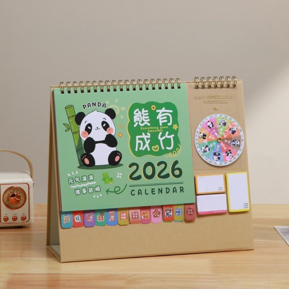 Chinesischer Neujahrsstil 2026 Schreibtischkalender Spiralbindung mit Notizen Monatsplaner Pferd/Panda/Elch Cartoon-Pony