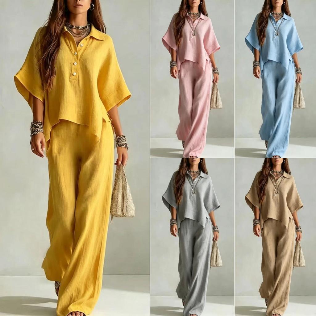 Solid Color Pants Set Summer Loose Half-sleeved Shirt Loose Wide-leg Trousers Two-piece Set Fashion Vacation Suit