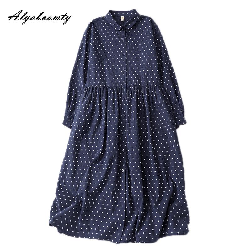 Mori Girl Spring Autumn Women Shirt Dress Turn-Down Collar Polka Dot Loose Dress Navy Blue Vintage Elegant Chic Dress