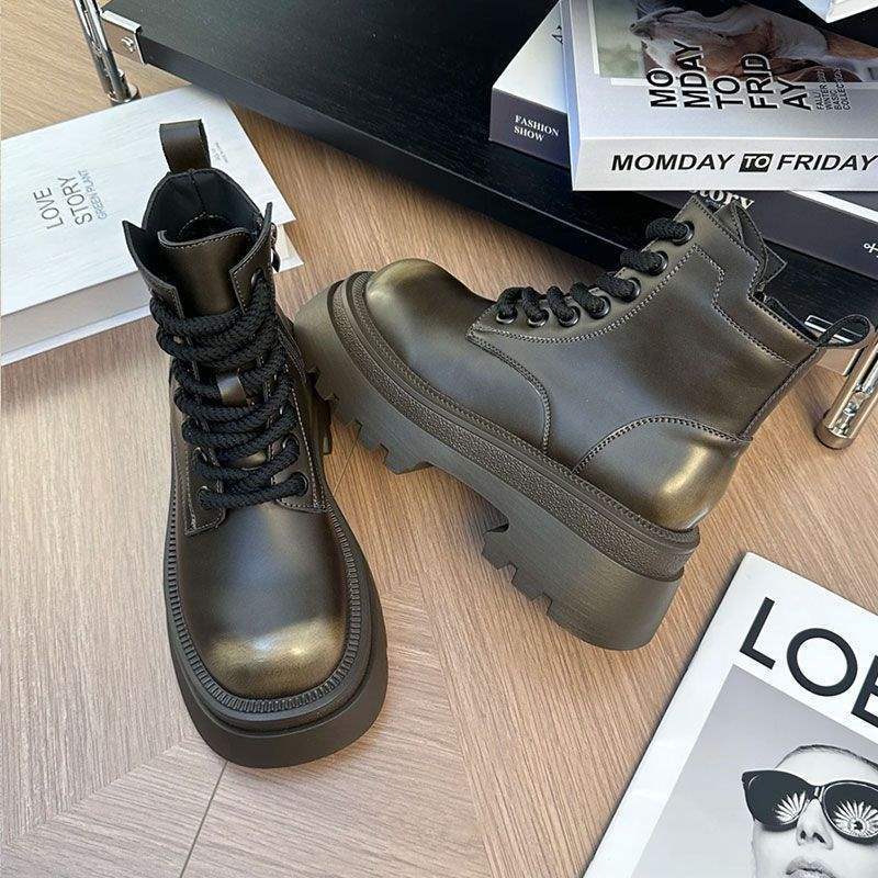 Thin Martin Boots Women's British Style 2025 Autumn and Winter New Thick-soled Heightening Single Boots High-top Versatile Short Boots Casual