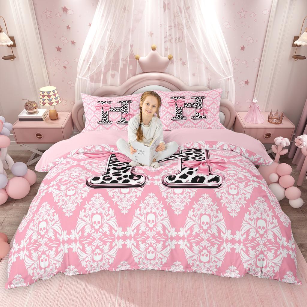 Homewish Girls Pink Duvet Cover Set Leopard Print Initial Bedding Set Bohemian Paisley Bowknot Comforter Cover Set