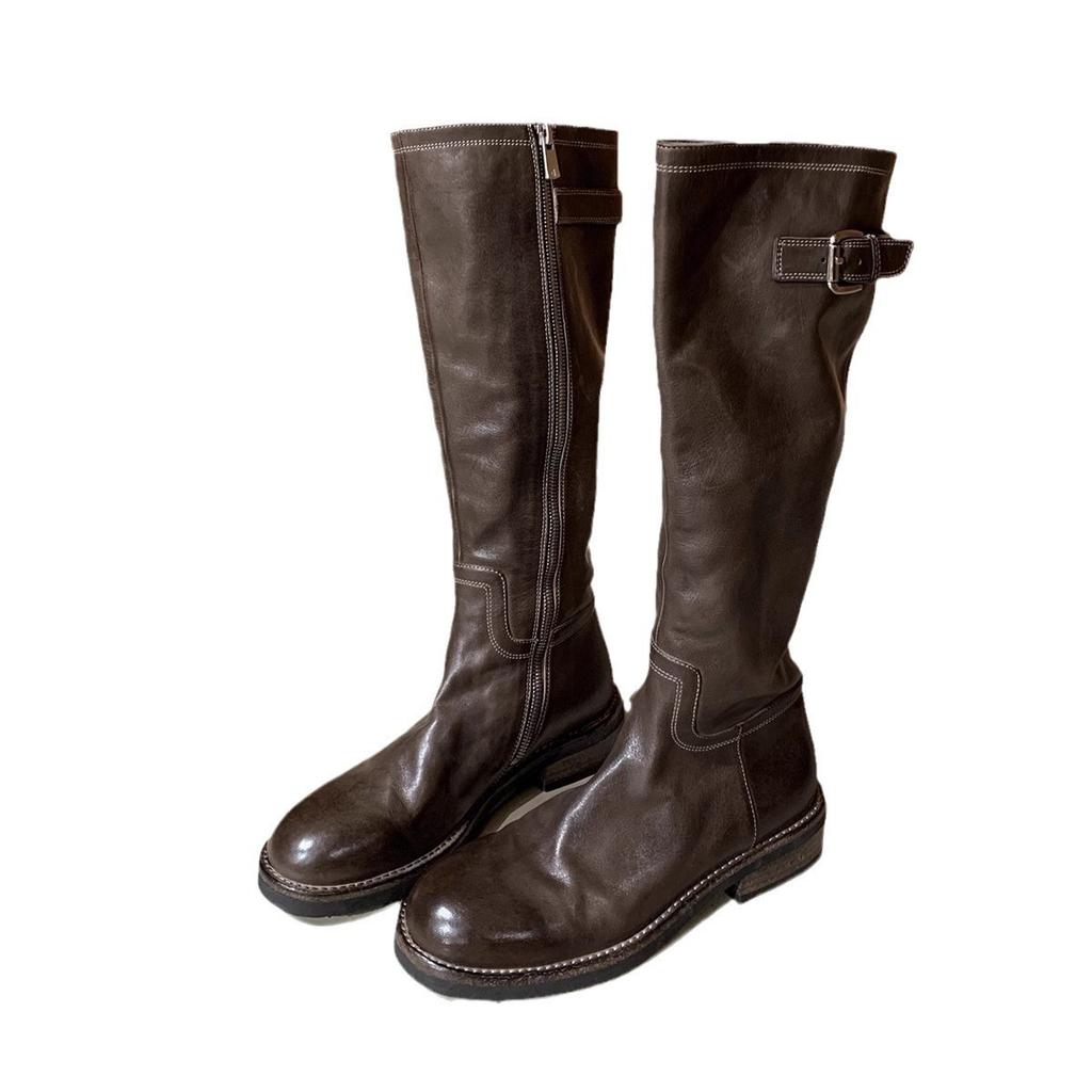 Grape mother has the same washed horse leather, European and American round head belt buckle, thick-soled medium and high knight boots, women's knee b