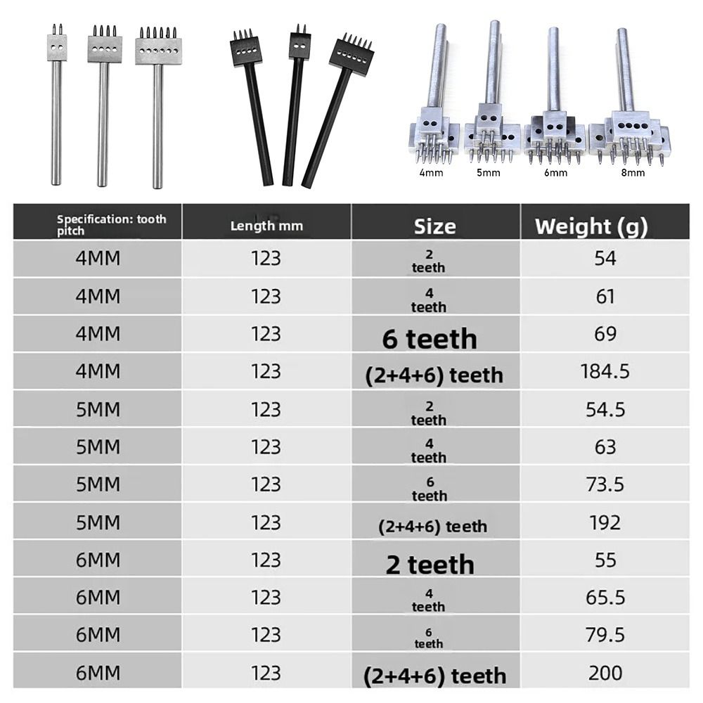 1Pcs New 2/4/6Teeth Leather Punching Tool Manual 4/5/6/8mm Hole Punch Tool Hole Spacing Drilling Steel Round Punch Die Set