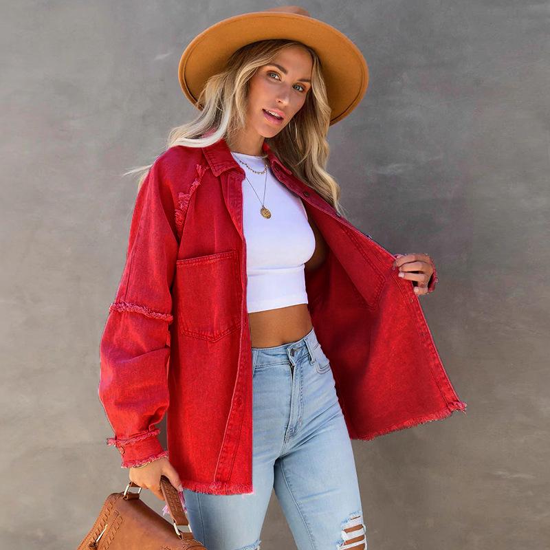 2025 Autumn Women's Long-Sleeve Washed Denim Jacket with Raw Edges