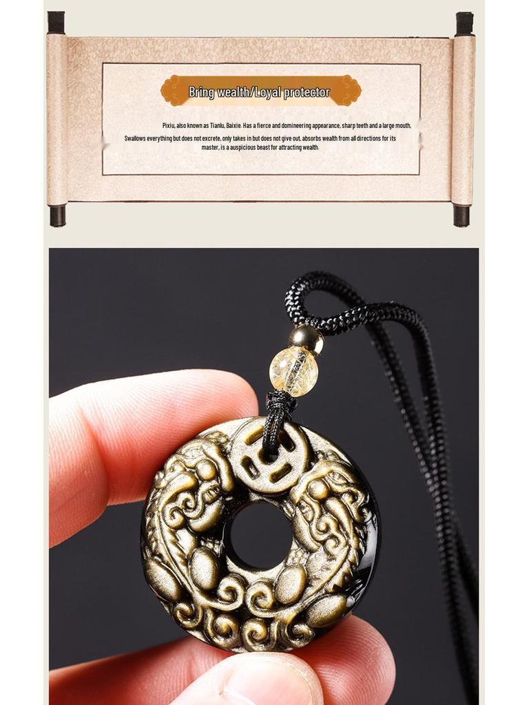 Natural Obsidian Double Pixiu Safety Buckle Pendant - Golden Obsidian Crystal Charm