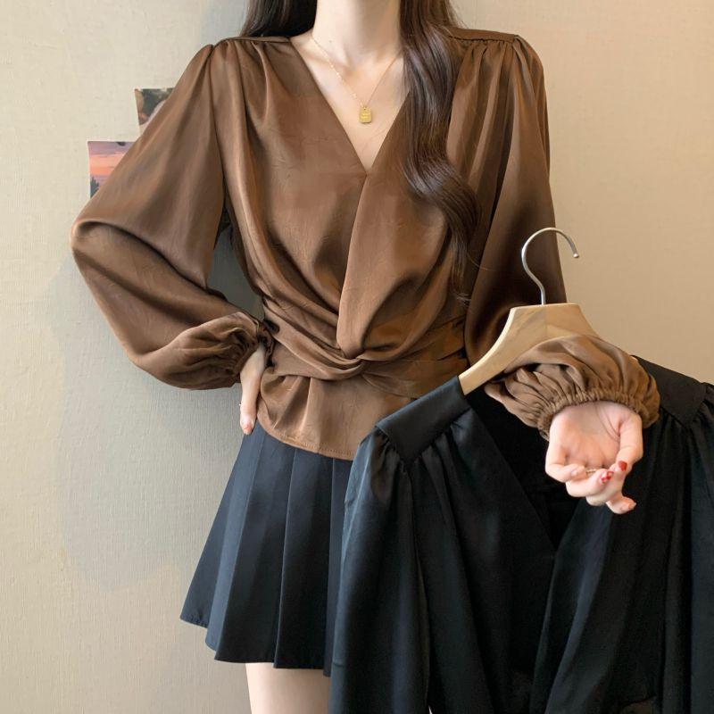 Plus Size Satin Slim-Fit Long Sleeve Pullover with Waist-Cinching Accent 4XL