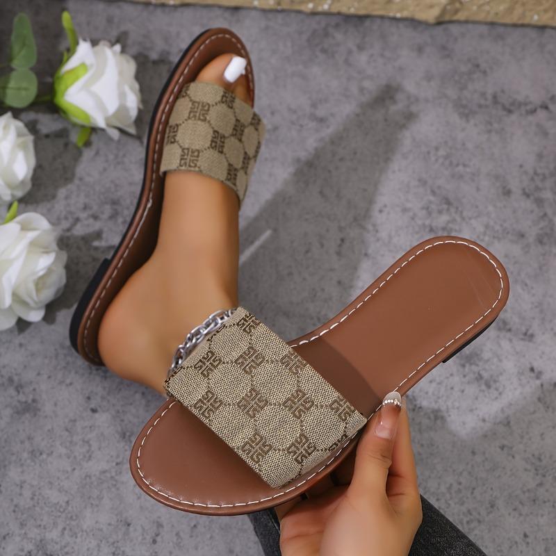 Sommer Neu Einfache und Vielseitige Damen Square Toe Flache Rutschfeste Strand-Pantoletten Monogramm Hausschuhe