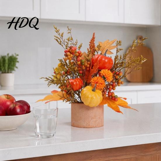 Thanksgiving Harvest Ornament Fall Pumpkin Flower Arrangement Artificial Maple Berry Potted Plant Holiday Window Display for Thanksgiving,