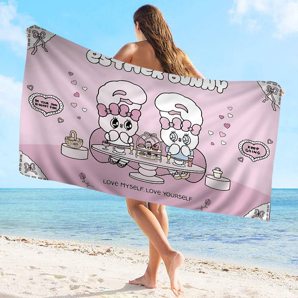 E-Esther Bunny Cartoon Microfiber Printed Beach Towel Mountain Climbing Yoga Beach Swimming Running Absorbent Soft Towel