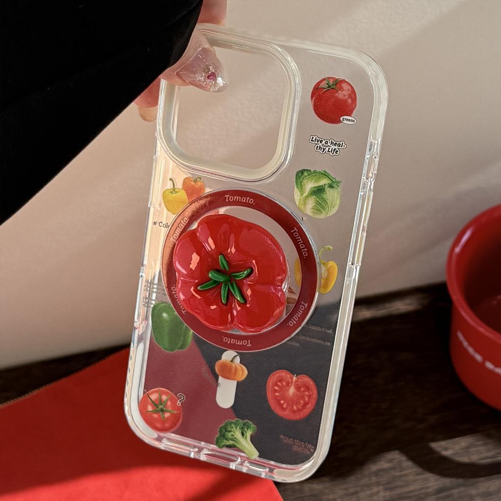 3D Tomato Vegetable Magnetic Stand Case for iPhone 16 Pro Max, 17, 13, 15, High-end Transparent