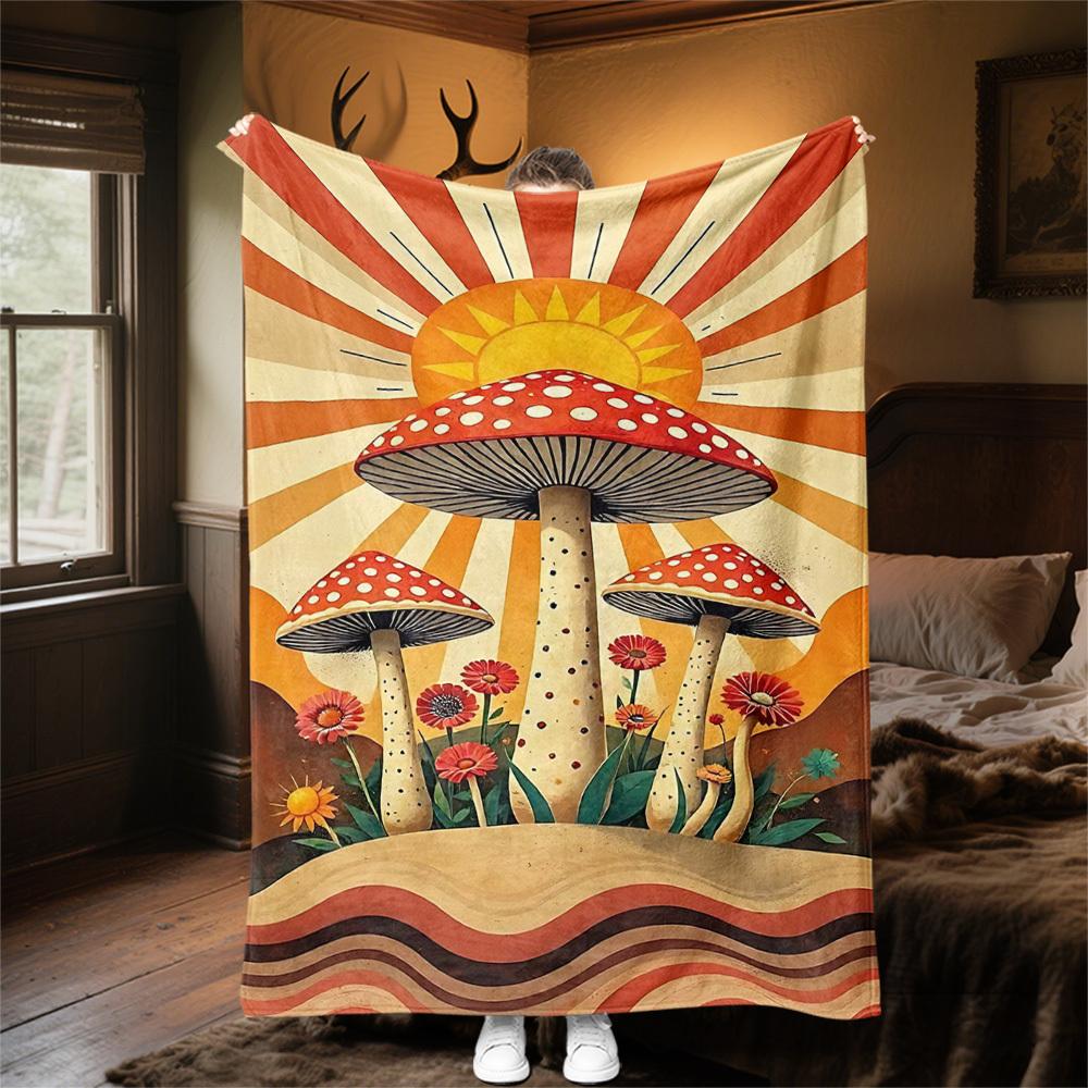 1pc Mushroom Sunburst Outdoor Flannel Blanket Soft Warm All-Season Throw for Sofa Bed Car Camping Office, Cozy Gift Idea1168S