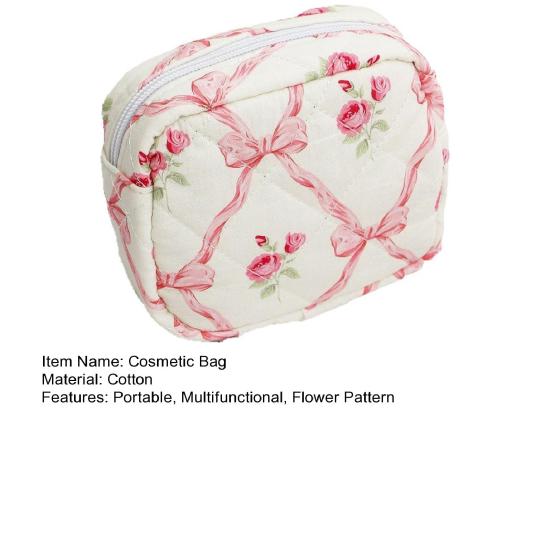 Girls Quilted Cosmetic Bag Soft Floral Makeup Pouch Elegant Bow Knot And Flower
