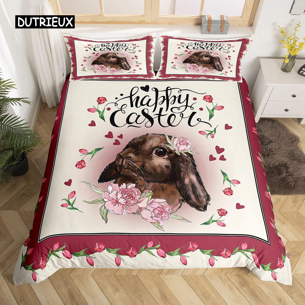 

Пасхальный кролик хвост одеяло покрывало пастельно-розовый тюльпан цветы пододеяльник два пасхальных яйца кавайные животные комплект постельного белья пасхальный декор EU single(135x200cm)