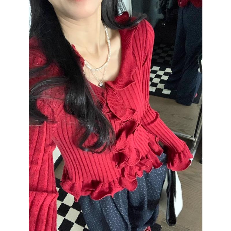 Pulover tricotat subțire cu dantelă ciupercă la modă, toamnă 2025 nou pulover de damă cu talie și decolteu în V 11950